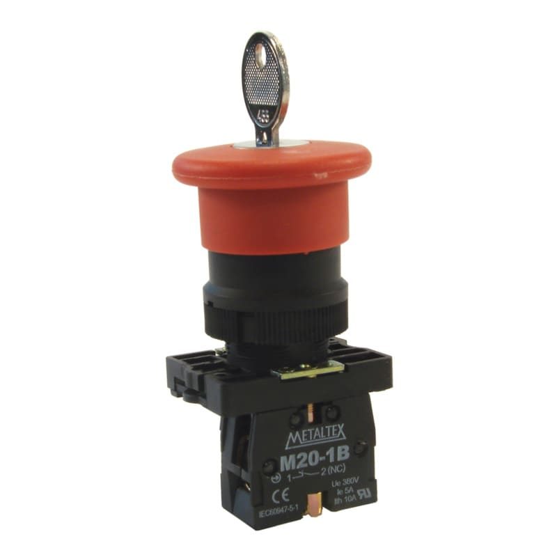 Botón de emergencia tipo hongo con llave plástica 22mm 1NC serie P20