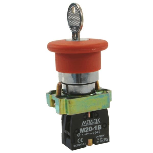 Botón de emergencia tipo hongo con llave metálica 22mm 1NC serie M20