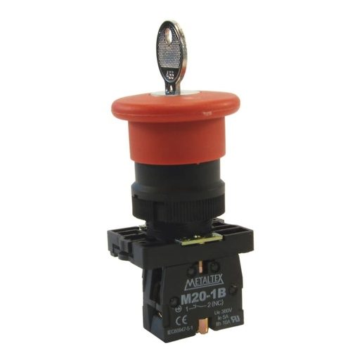 [P20BCR-R-1B] Botón de emergencia tipo hongo con llave plástica 22mm 1NC serie P20