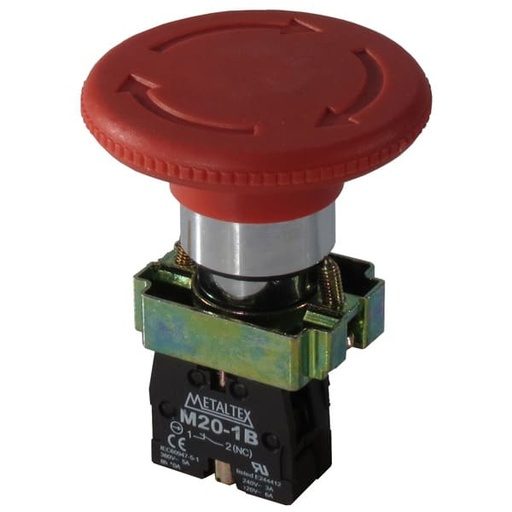 [M20BYR-R-1B] Botón de emergencia tipo hongo metálico 60mm 1NC Serie M20