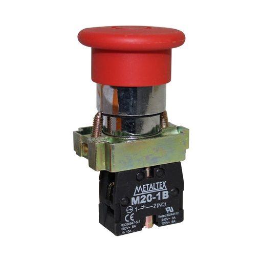 [M20BER-R-1B] Botón de emergencia tipo hongo empuja y tira metálico 1NC serie M20