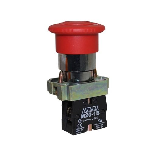 [M20AKR-R-1B] Botón de emergencia tipo hongo con traba metálico 1NC serie M20