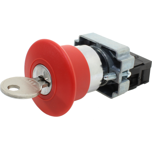 [M20ACR-R-1B] Botón de emergencia tipo hongo rojo con llave metálica 22mm 1NC serie M20