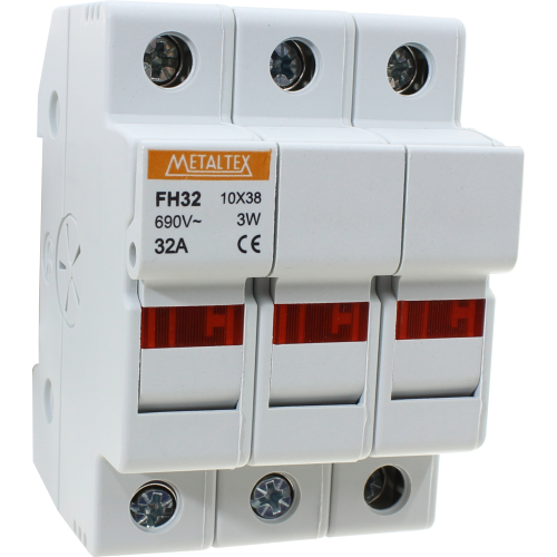 Portafusible metaltex 10x38mm 32A con identificador de fusible quemado serie FH