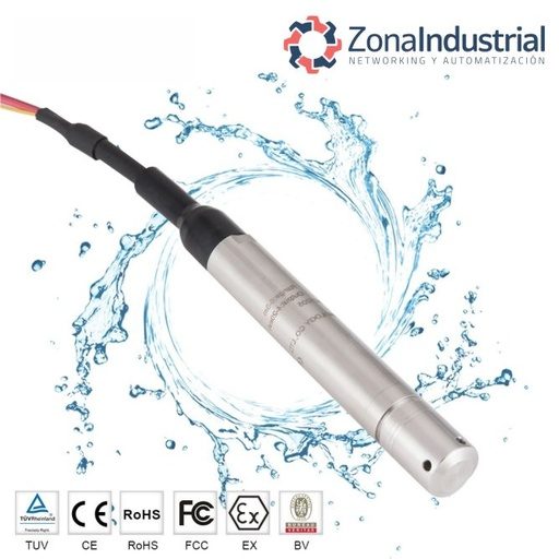 [ZPT60724HGS10E5CWN2105] Sensor de nivel hidrostático compacto 19mm 0-100m para pozo agua 4-20mA 105 metros de cable 0.25%FS