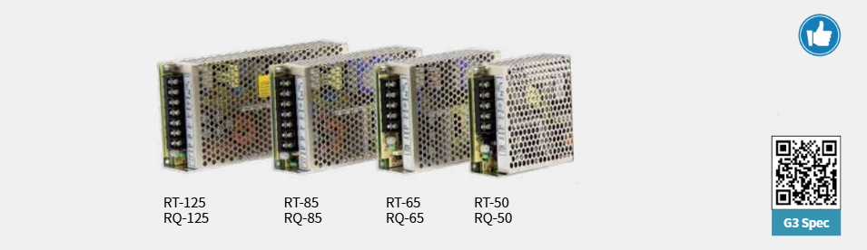 Fuentes de poder Mean well serie RT y RQ de 3 salidas y 4 salidas de 50W hasta 125W con codigo QR