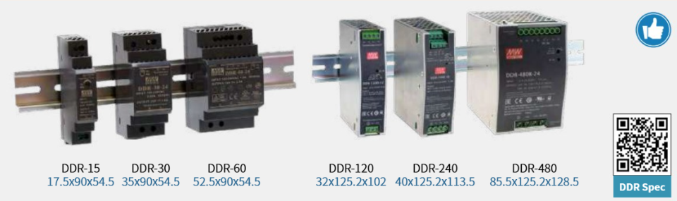 Serie DDR de conversores DC-DC para uso industrial en riel DIN con código QR