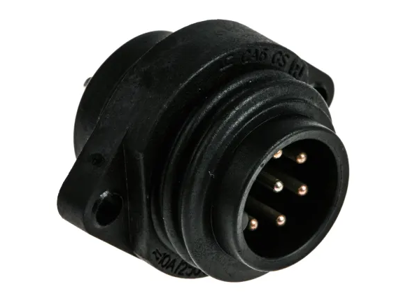 CA 6 GS, Panel-mounted connector with flange, 6 contacts + PE, black housing, 10A, 250V AC/DC