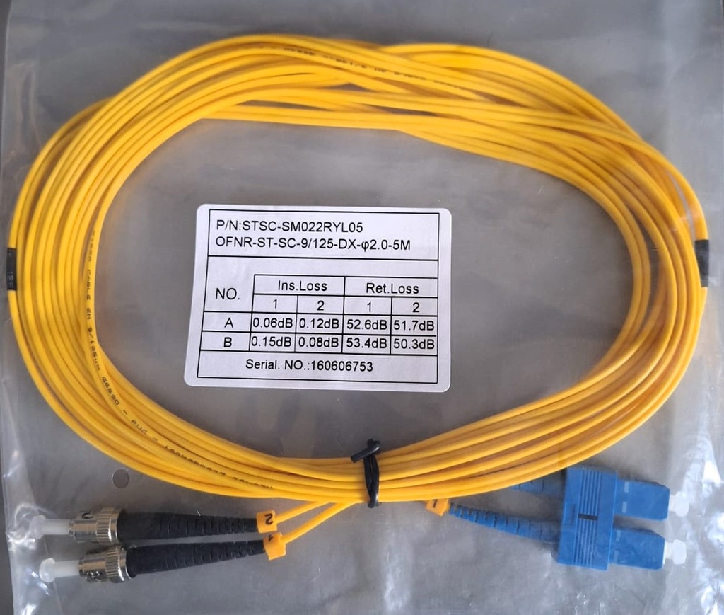 Jumper 5M ST/UPC-SC/UPC 9/125 OS2 Duplex Single Mode Fiber Optic Patch