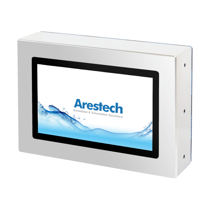 10.1" 16:9 (1280 x 800), 450nits, Stainless Steel 316 Full IP66/69K Protection, Fanless Panel PC with Intel Pentium N4200 CPU, Projected Capacitive Touch, 4G RAM, 64G SSD, 1 VGA, 2 USB 2.0, 1 RS-232/422/485, 1 GbE, DC 9-36V (M12 Connector)