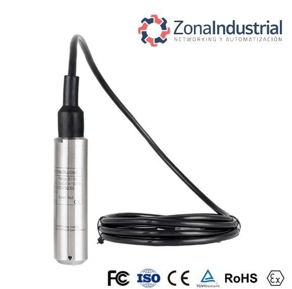 Sensor de nivel hidrostático 28mm 0-3m para pozo agua 4-20mA 08 metros de cable 0.25%FS