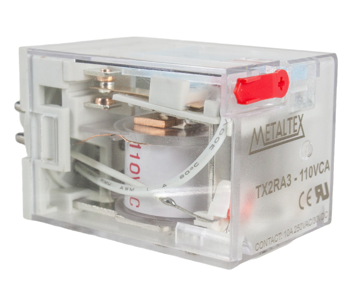 Relé industrial con LED DPDT 10A - 8 o 11 pines enchufables - Indicador mecánico y botón de prueba bloqueable Serie TX2