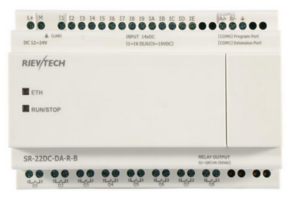 PLC SR-22DC-DA-R-B, 14 entradas (6 análogas 0-10V), 8 salidas relé, sin LCD, alimentación DC12-24V/AC24V, Rievtech