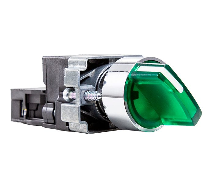 Selector iluminado, 2 posiciones fijas 90°, 24 VCA/VCC, verde, 1NA