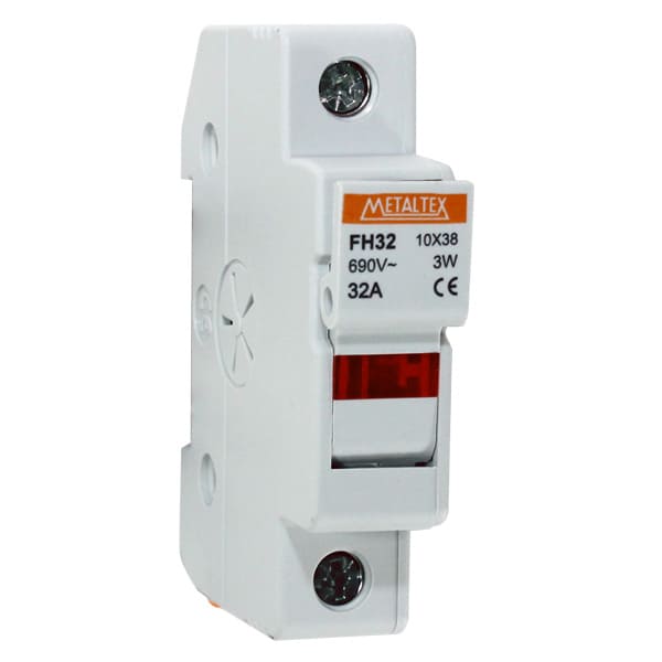 Portafusible metaltex 10x38mm 32A con identificador de fusible quemado serie FH