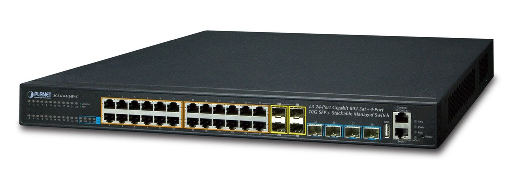 Capa 3 24 puertos 10/100/1000T 802.3at PoE + Switch administrado apilable 10G SFP+ de 4 puertos (370 W)