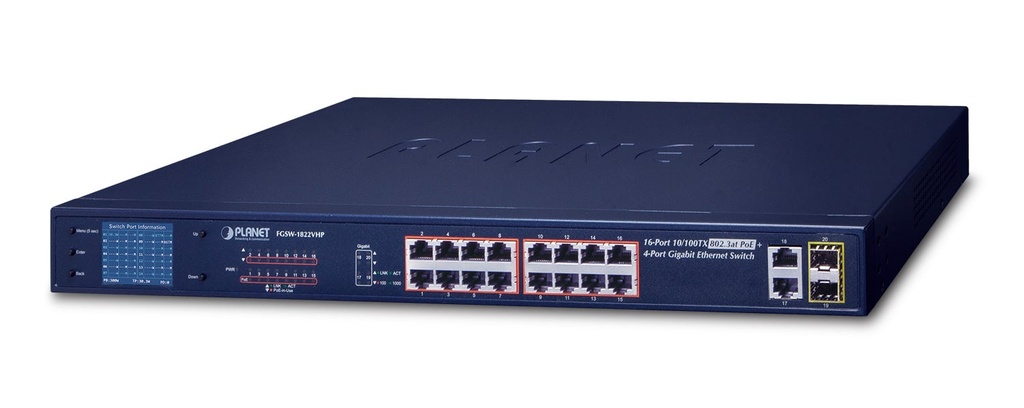 Switch Ethernet SFP de 16 puertos 10/100TX 802.3at + 2 puertos Gigabit TP + 2 puertos SFP con monitor LCD PoE