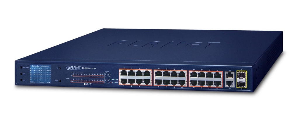 Switch Ethernet SFP de 24 puertos 10/100TX 802.3at PoE + 2 puertos Gigabit TP + 2 puertos SFP con monitor LCD PoE