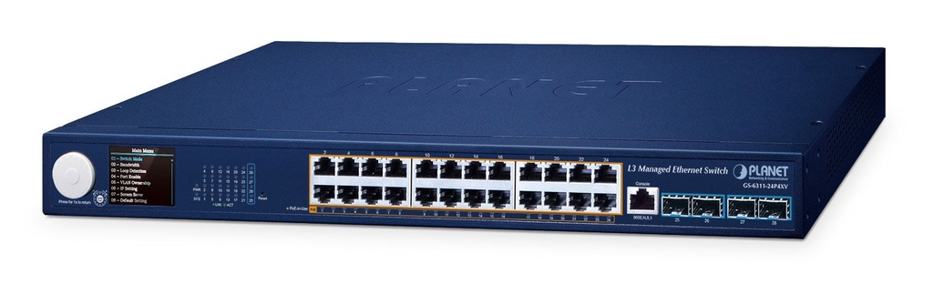 Switch Ethernet administrado L3 de 24 puertos 802.3at PoE + 4 puertos 10G SFP+ con pantalla LCD inteligente