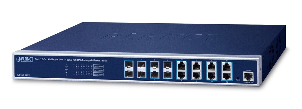 Switch Ethernet administrado de capa 3, 8 puertos 10GBASE-X SFP+ + 8 puertos 10GBASE-T con alimentación redundante de 48 VCC