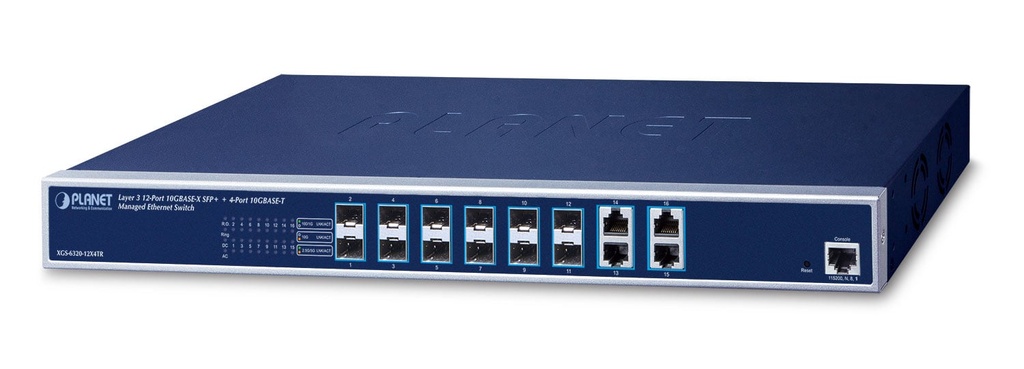 Switch Ethernet administrado de capa 3, 12 puertos 10GBASE-X SFP+ + 4 puertos 10GBASE-T con alimentación redundante de 48 V CC