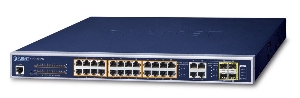 Switch Administrado Combinado de 24 Puertos 10/100/1000T 802.3at PoE + 4 Puertos Gigabit TP/SFP