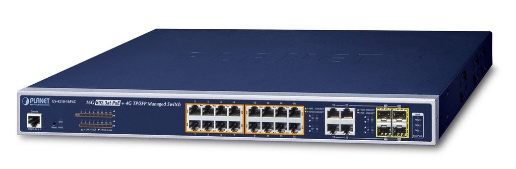 Switch Administrado Combinado de 16 Puertos 10/100/1000T 802.3at PoE + 4 Puertos Gigabit TP/SFP