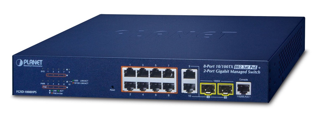 Switch Ethernet administrado combinado 10/100TX 802.3at PoE + 2 puertos Gigabit TP/SFP