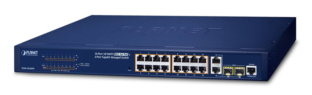 Switch Ethernet administrado combinado de 16 puertos 10/100TX 802.3at PoE + 2 puertos Gigabit TP/SFP