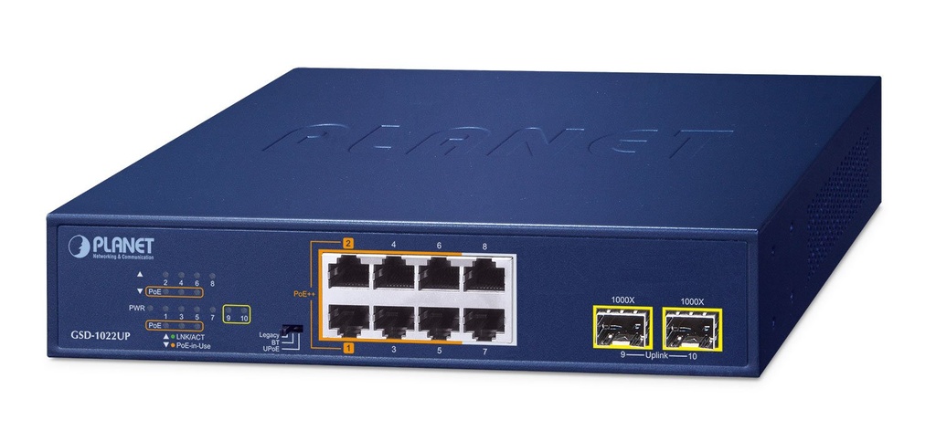 Switch de escritorio SFP 10/100/1000T de 2 puertos 10/100/1000T 802.3bt PoE + 4 puertos 10/100/1000T 802.3at + 2 puertos 10/100/1000T + 2 puertos 1000X SFP