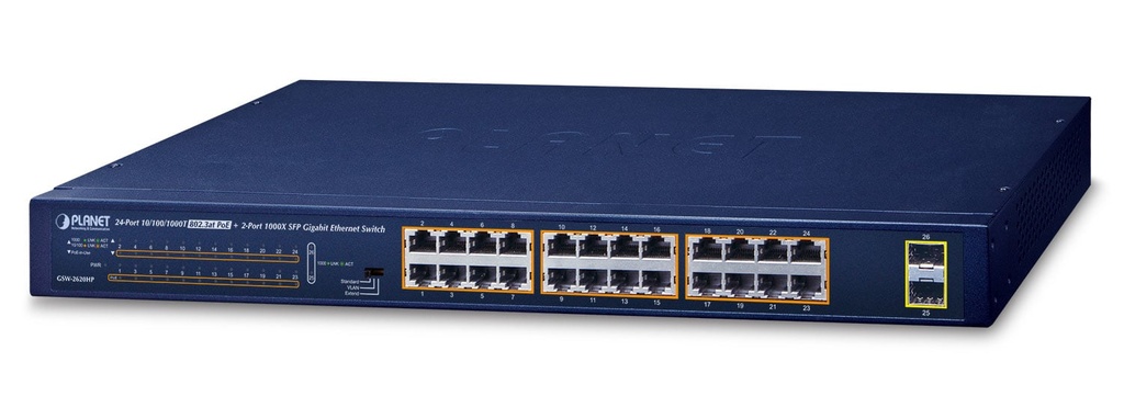 Switch Gigabit Ethernet 10/100/1000T 802.3at PoE de 24 puertos + SFP 1000X de 2 puertos