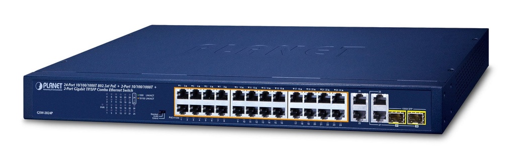 Switch Ethernet combinado Gigabit TP/SFP de 24 puertos 10/100/1000T 802.3at + 2 puertos 10/100/1000T + 2 puertos (250 W)