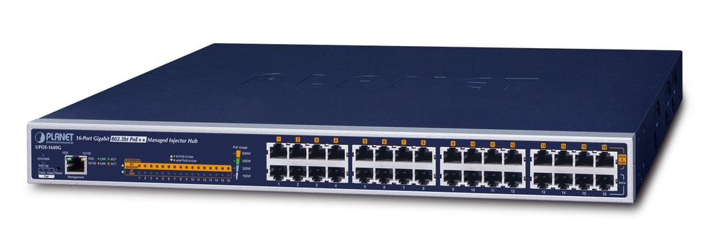 Concentrador de inyector administrado PoE++ Gigabit 802.3bt de 16 puertos (600 vatios)