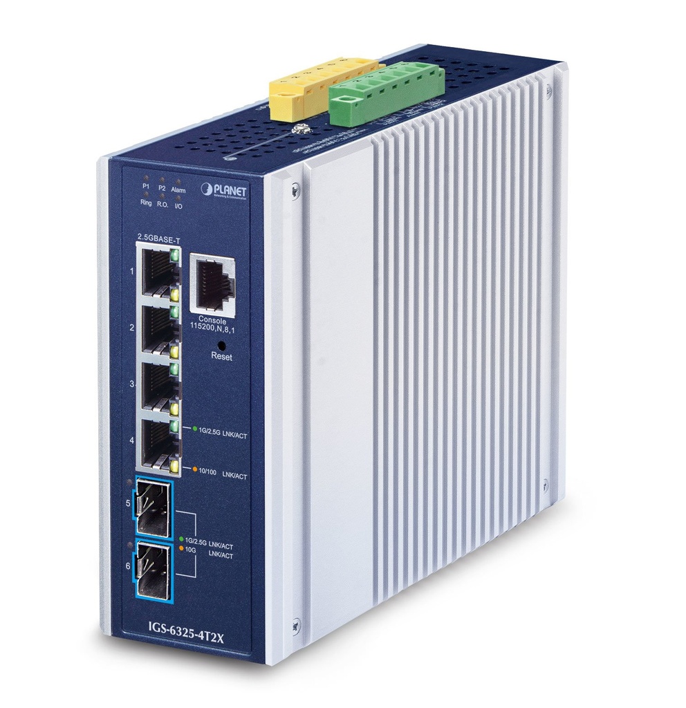 Switch Ethernet administrado industrial L3 de 4 puertos 2.5GBASE-T + 2 puertos 10GBASE-X SFP+