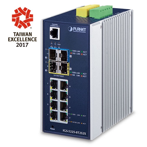 Switch Ethernet administrado industrial L3 de 8 puertos 10/100/1000T + 2 puertos 100/1000X SFP + 2 puertos 10G SFP+ (-40~75 grados C)