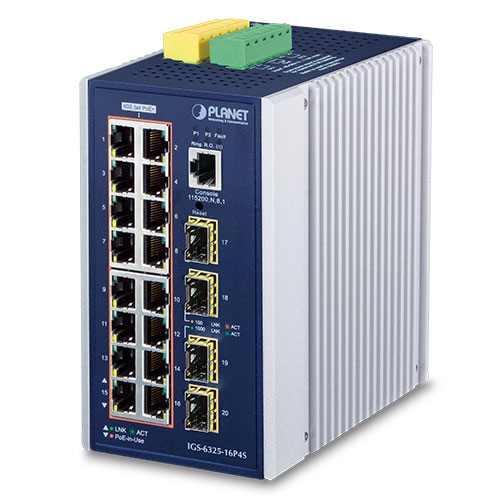 Switch administrado L3 Industrial 16 puertos 10/100/1000T 802.3at PoE+ Switch Ethernet administrado SFP 100/1000X de 4 puertos (-40 ~ 75 grados C)