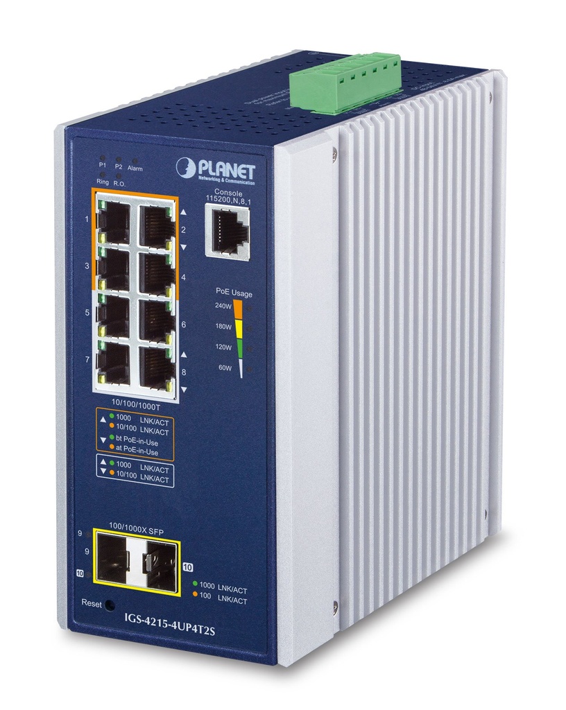 Switch industrial gestionado SFP de 4 puertos 10/100/1000T 802.3bt + 4 puertos 10/100/1000T + 2 puertos 100/1000X SFP (-40~75 grados C)