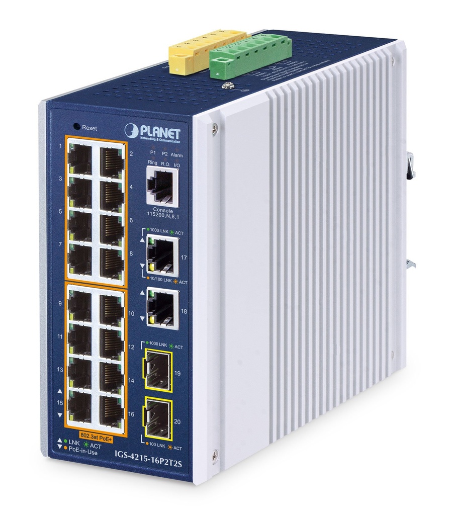 Switch Ethernet administrado industrial de 16 puertos 10/100/1000T 802.3at PoE + 2 puertos 10/100/1000T + 2 puertos 100/1000X SFP