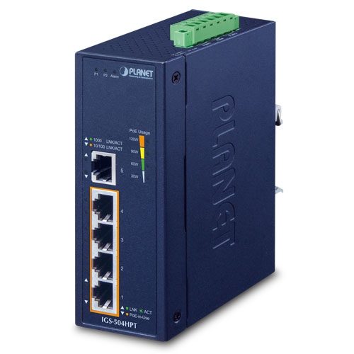 Switch Industrial Gigabit Ethernet de 4 Puertos 10/100/1000T 802.3at PoE + 1 Puerto 10/100/1000T