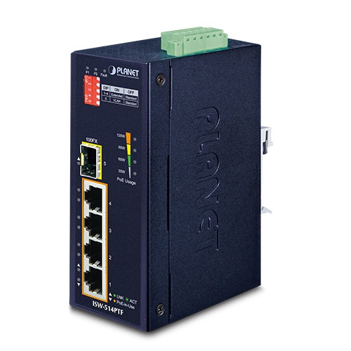 Switch industrial Ethernet 10/100TX 802.3at PoE+ de 4 puertos más 1 puerto 100FX