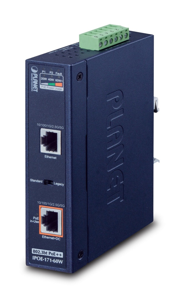 Inyector industrial PoE++ multigigabit 802.3bt de puerto único (60 vatios, -40~75 grados C, 48~54 VCC)