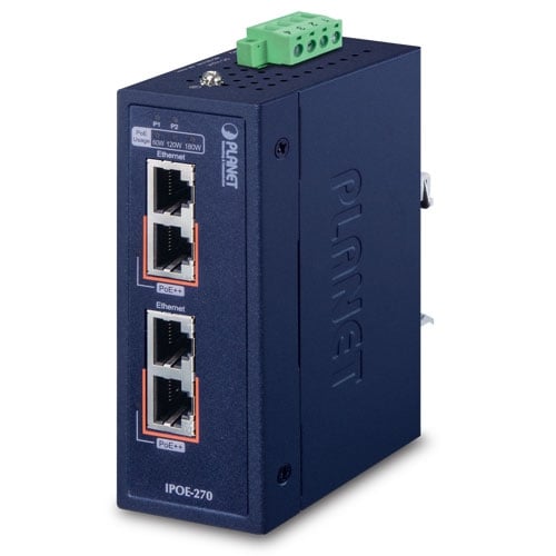 Concentrador de inyector industrial PoE++ multigigabit 802.3bt de 2 puertos (-40~75 grados C)