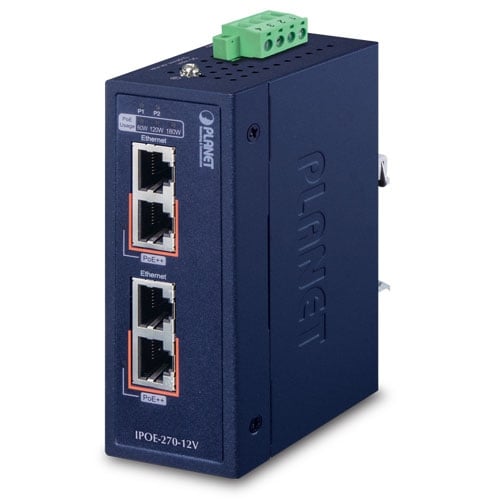 Concentrador de inyector industrial Multi-Gigabit 802.3bt PoE++ de 2 puertos con amplificador de 12 V (-40~75 grados C, 12~54 VCC)