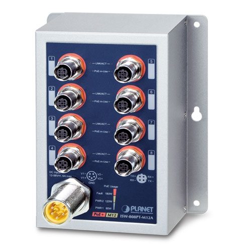 Switch Industrial PoE+ de 8 Puertos 10/100TX M12 802.3at (-40~75 Grados C)