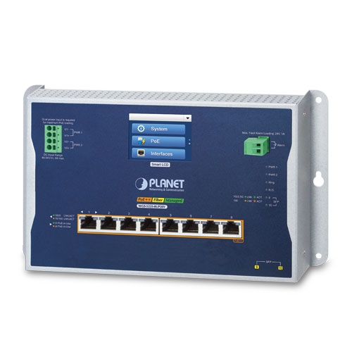 Switch industrial L2+ de 8 puertos 10/100/1000T 802.3bt PoE + 2 puertos 100/1000X SFP administrado de montaje en pared con pantalla táctil LCD