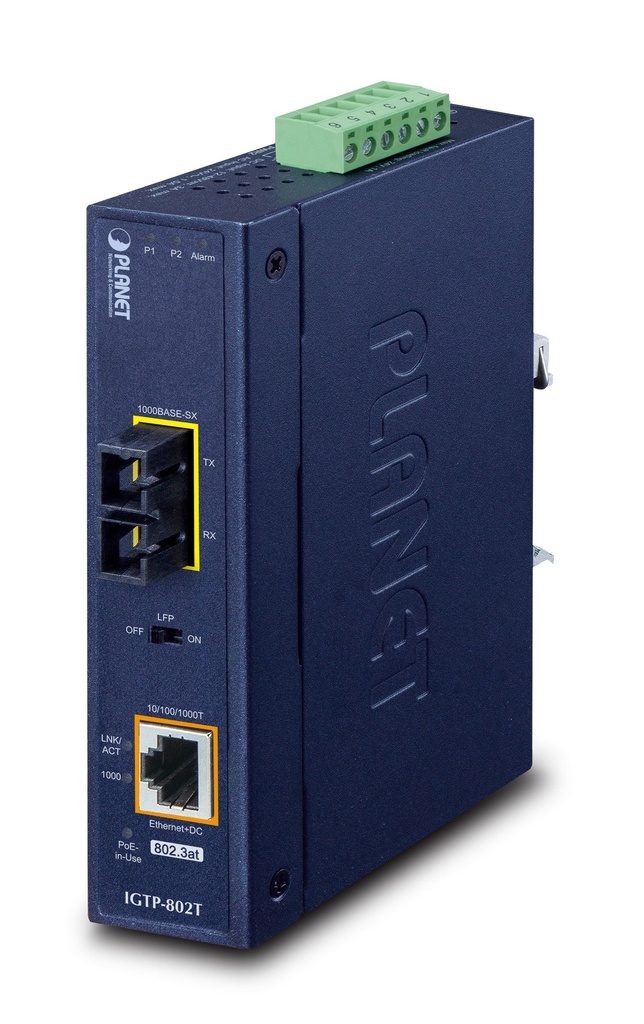 Conversor de medios Industrial PoE+ de 1000BASE-X a 10/100/1000BASE-T 802.3at