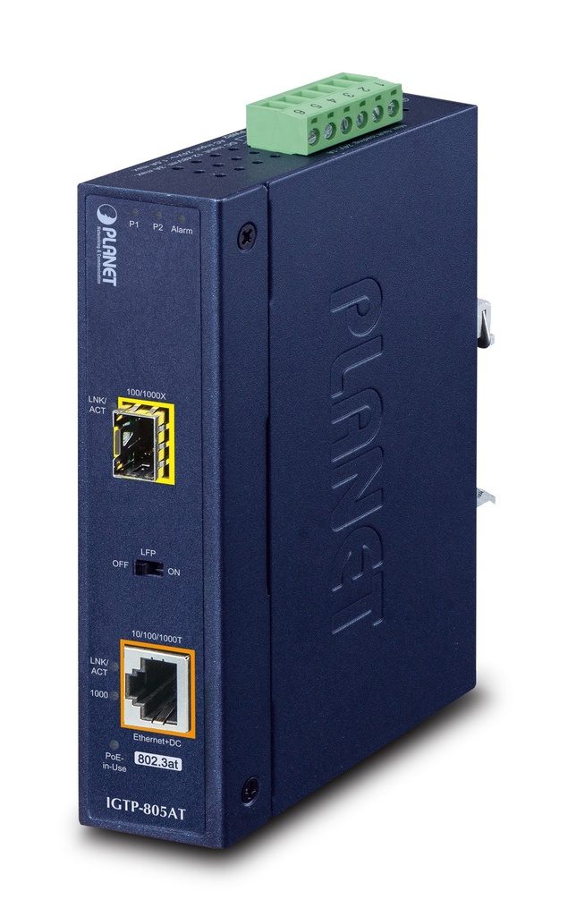 Conversor de medios Industrial 1000BASE-SX/LX a 10/100/1000BASE-T 802.3at PoE+