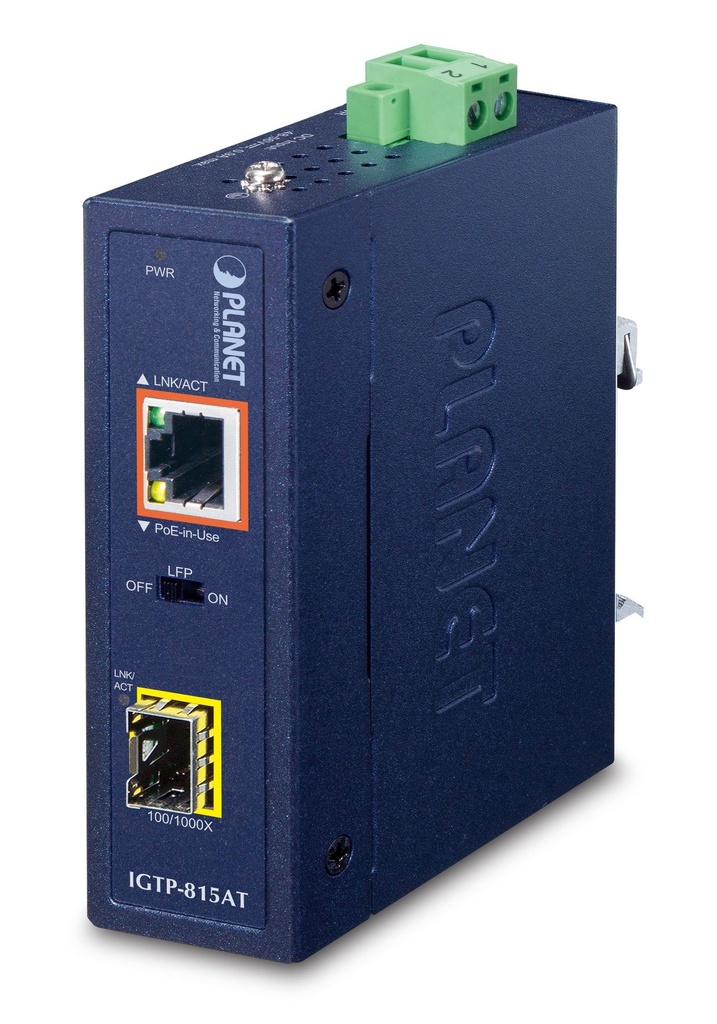 Convertidor de medios industrial compacto 100/1000BASE-X a 10/100/1000BASE-T 802.3at PoE+