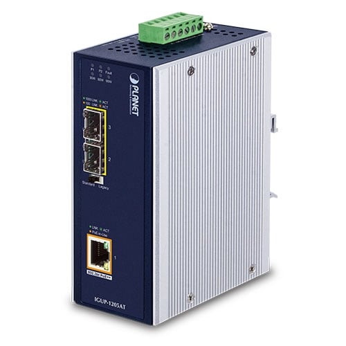 Convertidor de medios industrial PoE++ de 2 puertos 100/1000X a 1 puerto 10/100/1000T 802.3bt PoE++