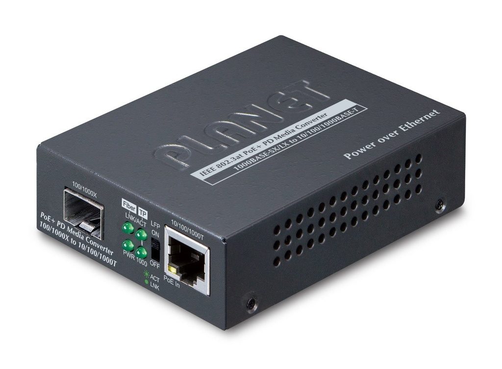 Conversor de medios SFP 802.3at PoE+ PD 10/100/1000BASE-T a 100/1000BASE-X
